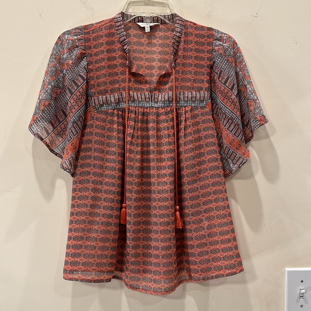 Lucky Brand Sheer Short Sleeve Print Peasant Top